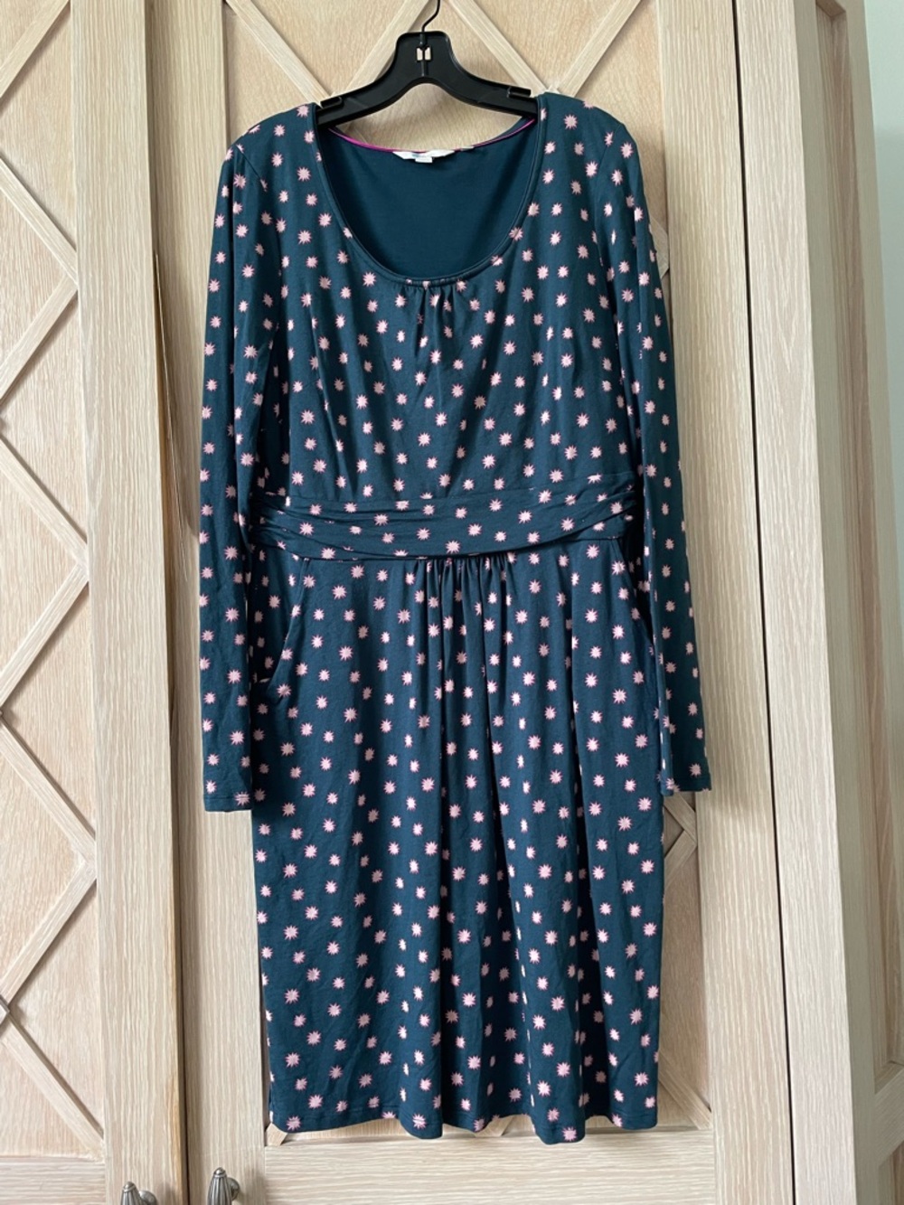 Boden Long Sleeve Navy Dress with Pink Star Print